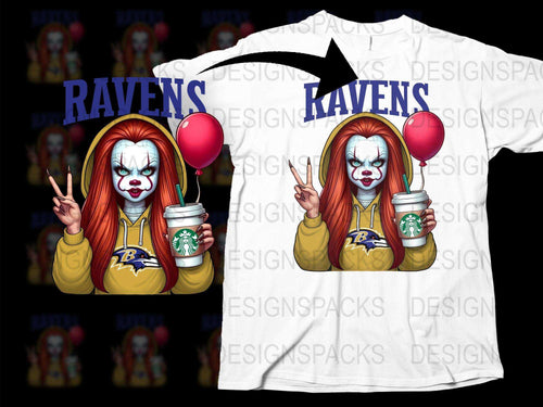 Horror Clown Graphic T-Shirt, Ravens Fan Apparel, Creepy Clown with Balloon and Coffee, Unique Halloween Costume Idea