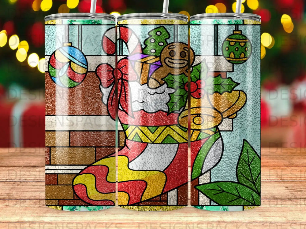 Christmas stocking filled with candy canes, gingerbread man, ornaments, and gift.
