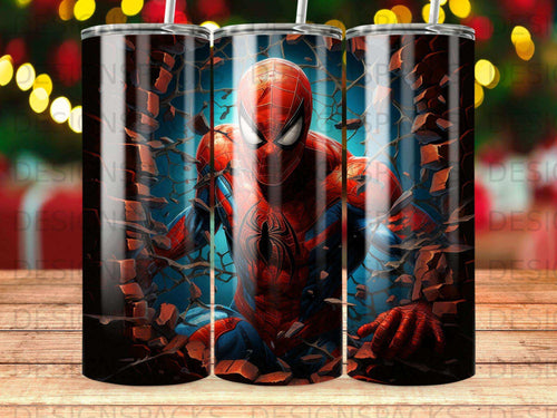 Spider-Man emerging through a cracked brick wall, mid-action.