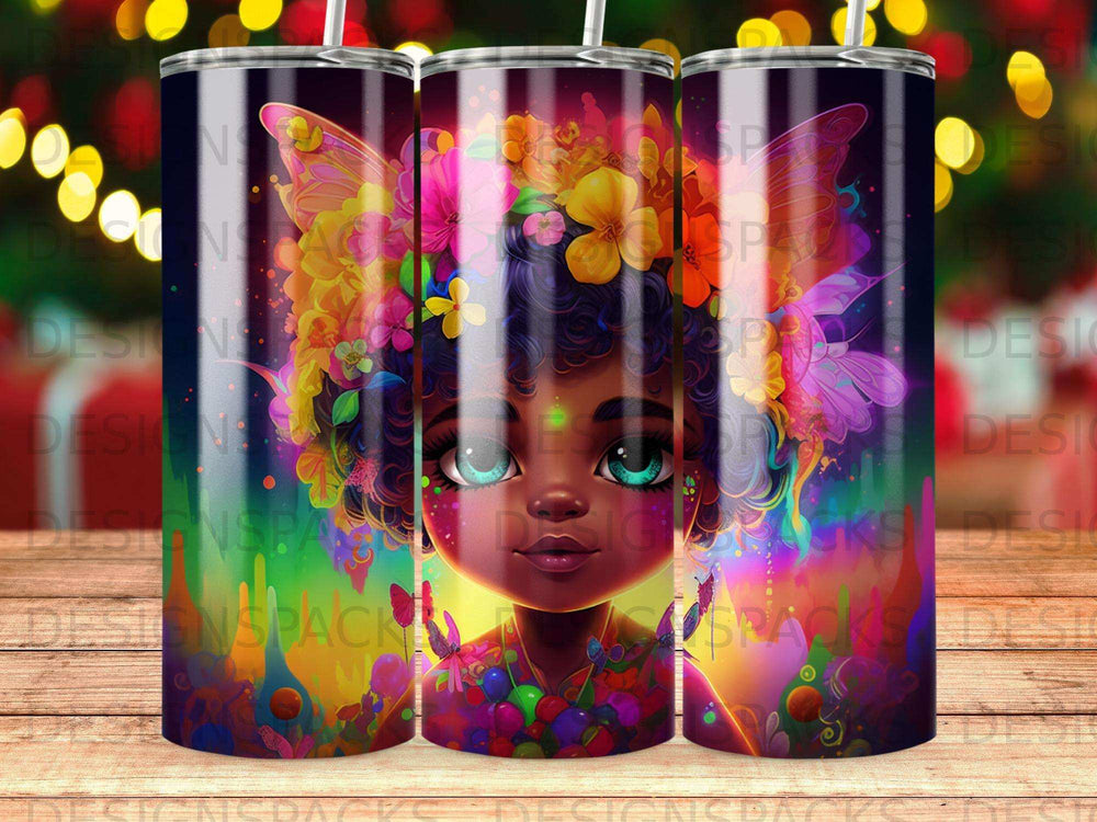 Close-up of a girl with colorful flowers and butterfly wings, a tumbler wrap.