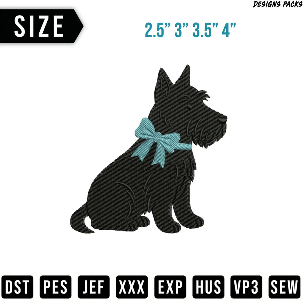 Black Scottish terrier with light blue bow, available in multiple sizes.