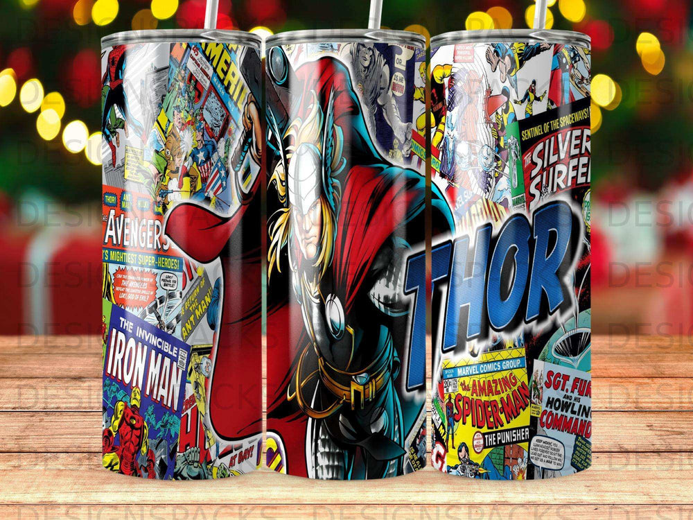 Thor and Avengers comic art on a tumbler.