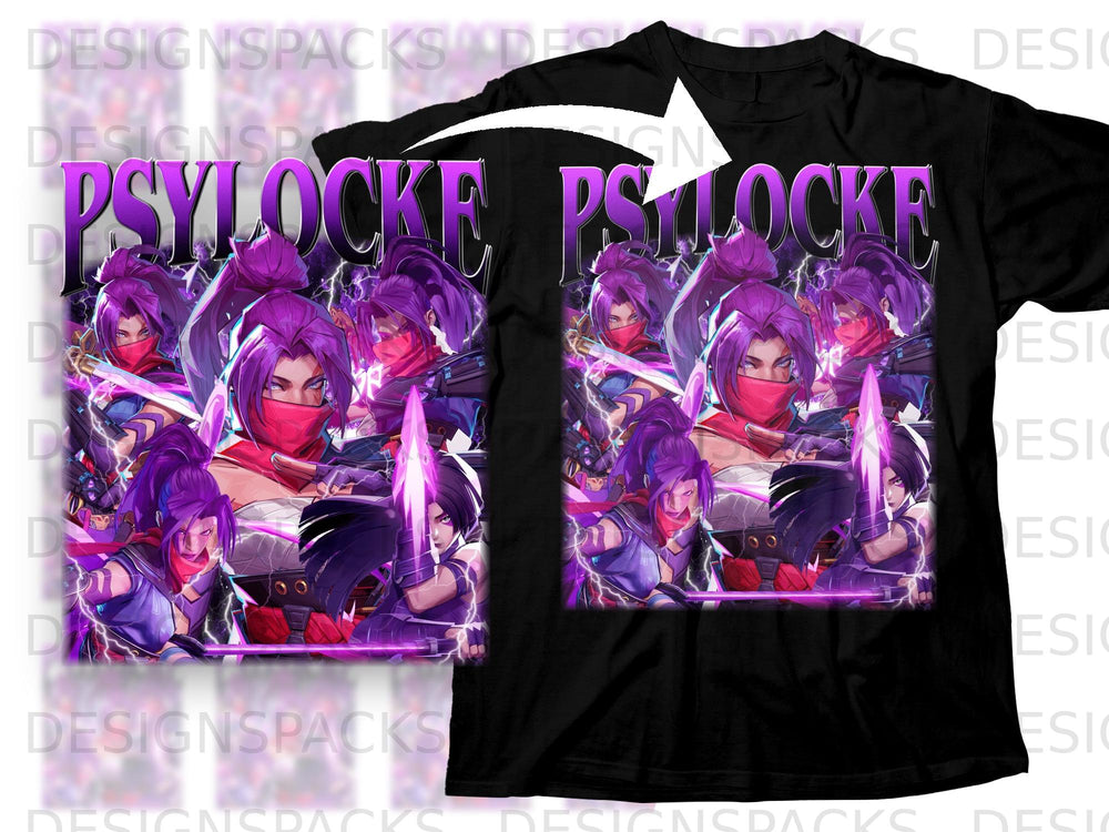 Black t-shirt with "PSYLOCKE" text and a collage of anime-style characters.