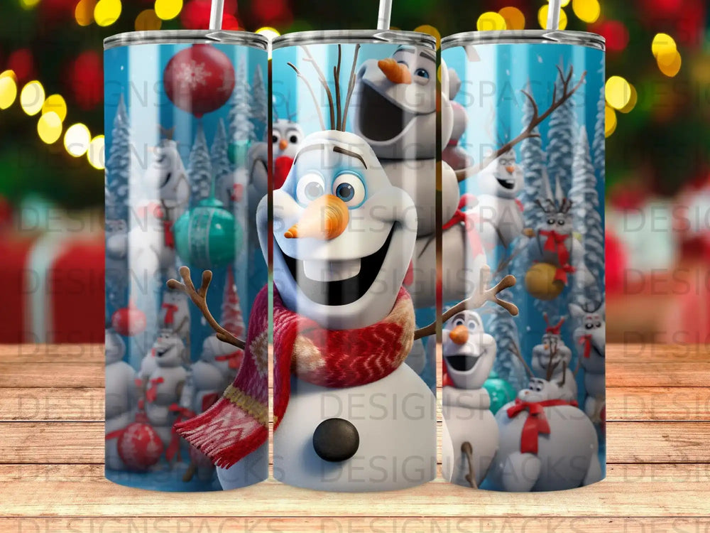 Olaf the snowman from Frozen in a winter forest with snowflakes and ornaments.