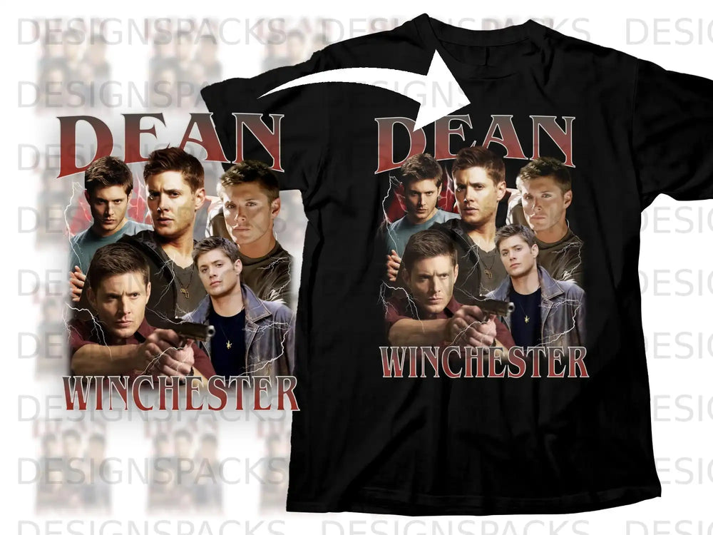 Black t-shirt featuring Dean Winchester collage and "WINCHESTER" text.