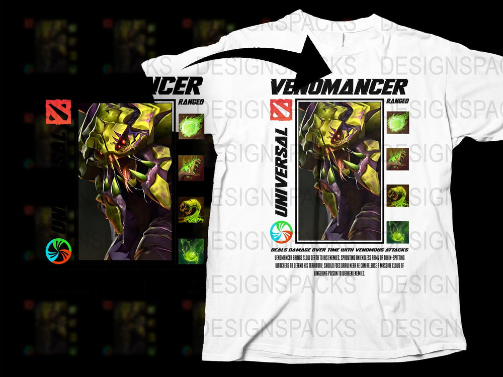 Venomancer Dota 2 Inspired Graphic T-Shirt, Gamer Tee, White Cotton Shirt with Hero Artwork, Unique Gaming Apparel, Gift for Gamers