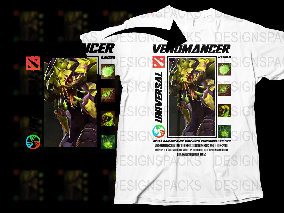 Venomancer Dota 2 Inspired Graphic T-Shirt, Gamer Tee, White Cotton Shirt with Hero Artwork, Unique Gaming Apparel, Gift for Gamers