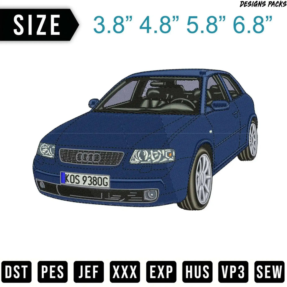 Blue Audi A3 embroidered car design with size and file format options.