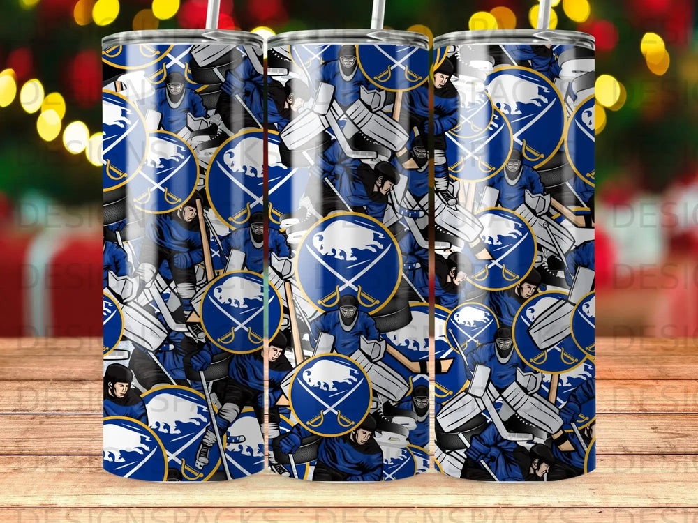 Buffalo Sabres hockey goalie mask and gear pattern on a tumbler.