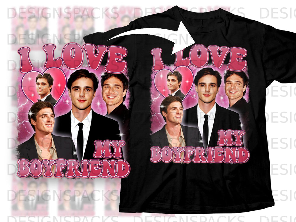 Black t-shirt with "I Love My Boyfriend" text and portraits of two men.