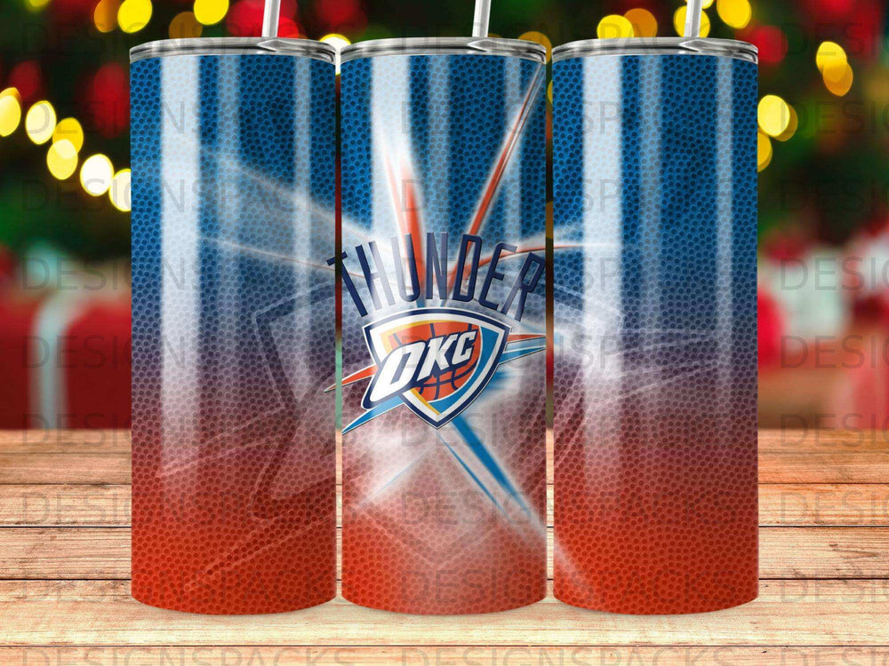 Oklahoma City Thunder basketball tumbler with team logo and orange and blue design.