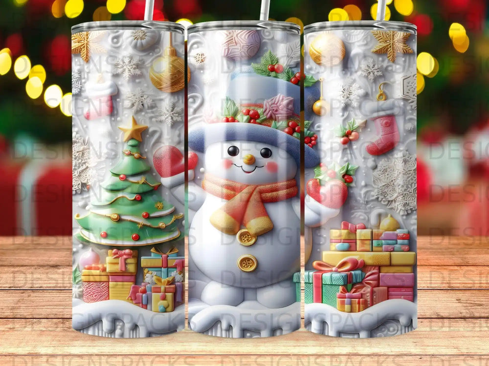 Christmas tumbler design with snowman, presents, and decorated tree.