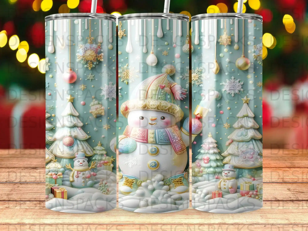 Three tumblers decorated with a snowman, snowflakes, Christmas trees, and presents.