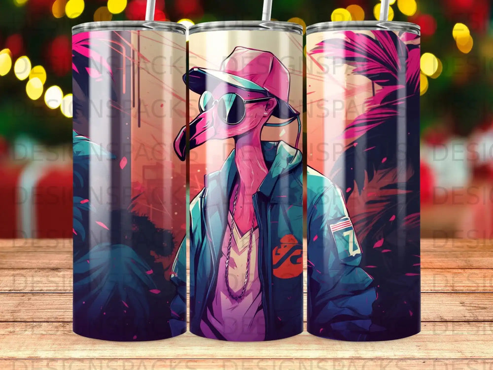 Stylized flamingo wearing sunglasses and a jacket, against a vibrant tropical background.