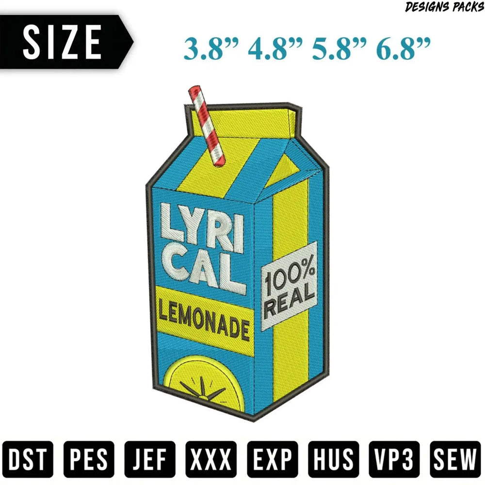 Embroidered patch of a "LYRI CAL LEMONADE 100% REAL" juice box.