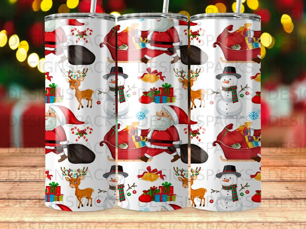 Santa and snowman with gifts on a sleigh, repeating pattern on a tumbler.