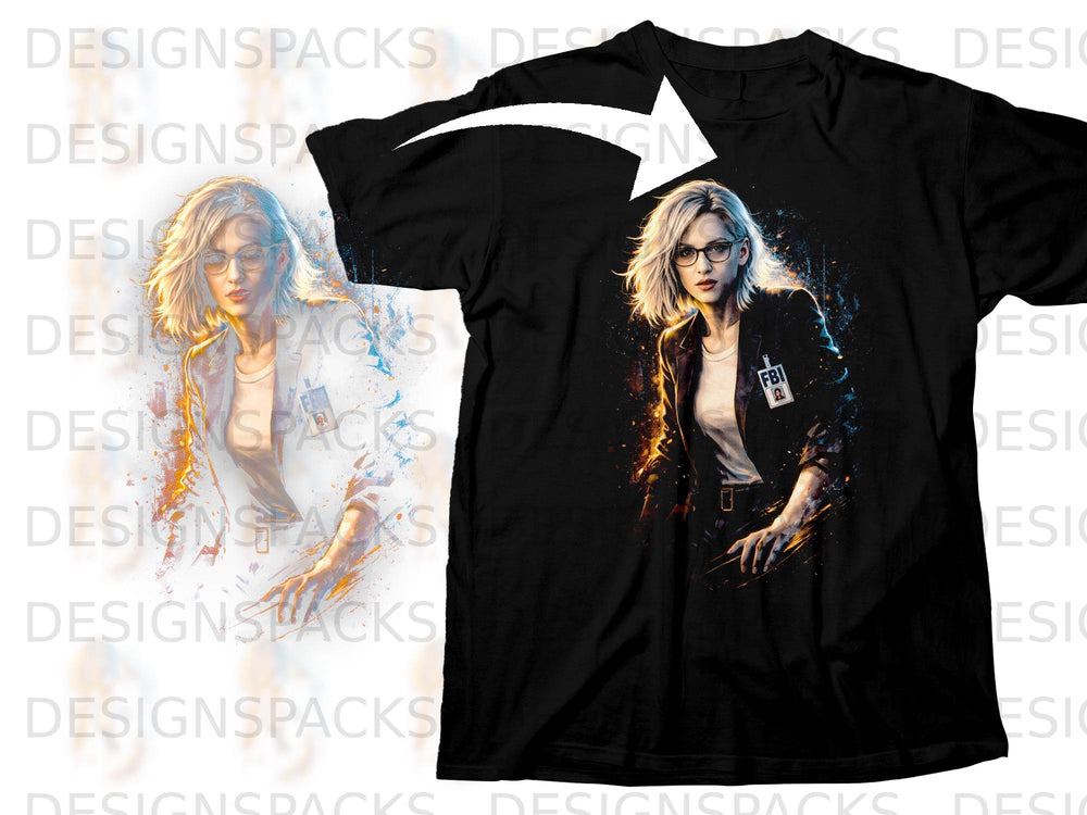 Black t-shirt with a graphic of a blonde woman with glasses and an FBI badge.