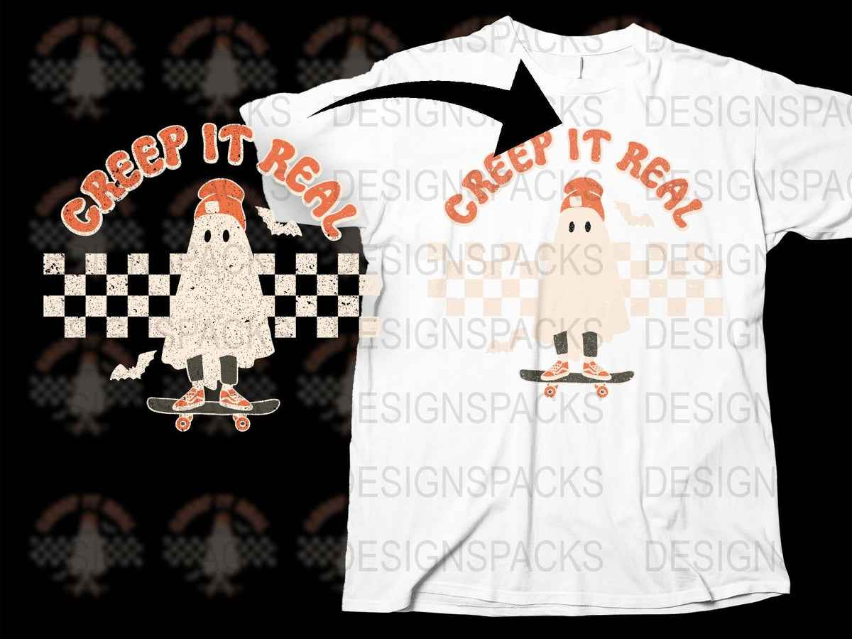 'Creep It Real' Ghost Skateboard T-Shirt, Halloween Graphic Tee, Spooky Casual Streetwear, Checkered Pattern Shirt