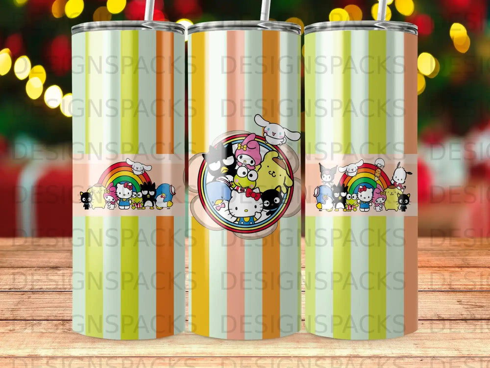 Three tumblers with cartoon characters and colorful vertical stripes.