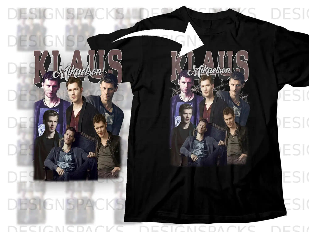 Black t-shirt featuring "Mikaelson" and cast photos.