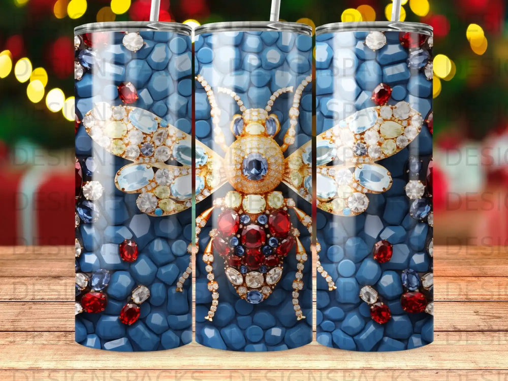 Jeweled bee design on a blue, textured background.