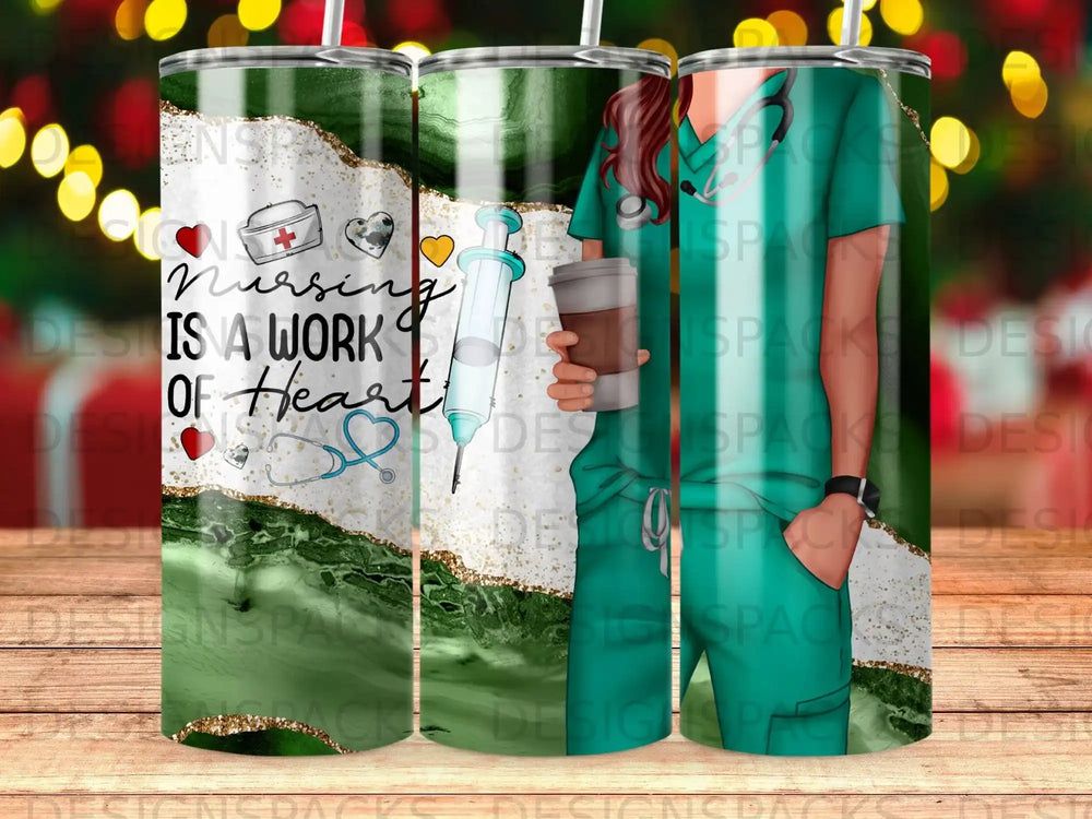 Tumbler with green marbled design, stethoscope, syringe, and text "Nursing is a Work of Heart."