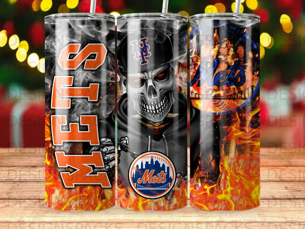 New York Mets skull logo with flames on a tumbler.