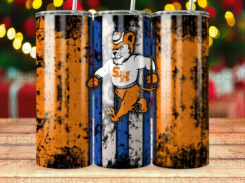 Orange and white striped tumbler with a running tiger mascot in athletic wear.