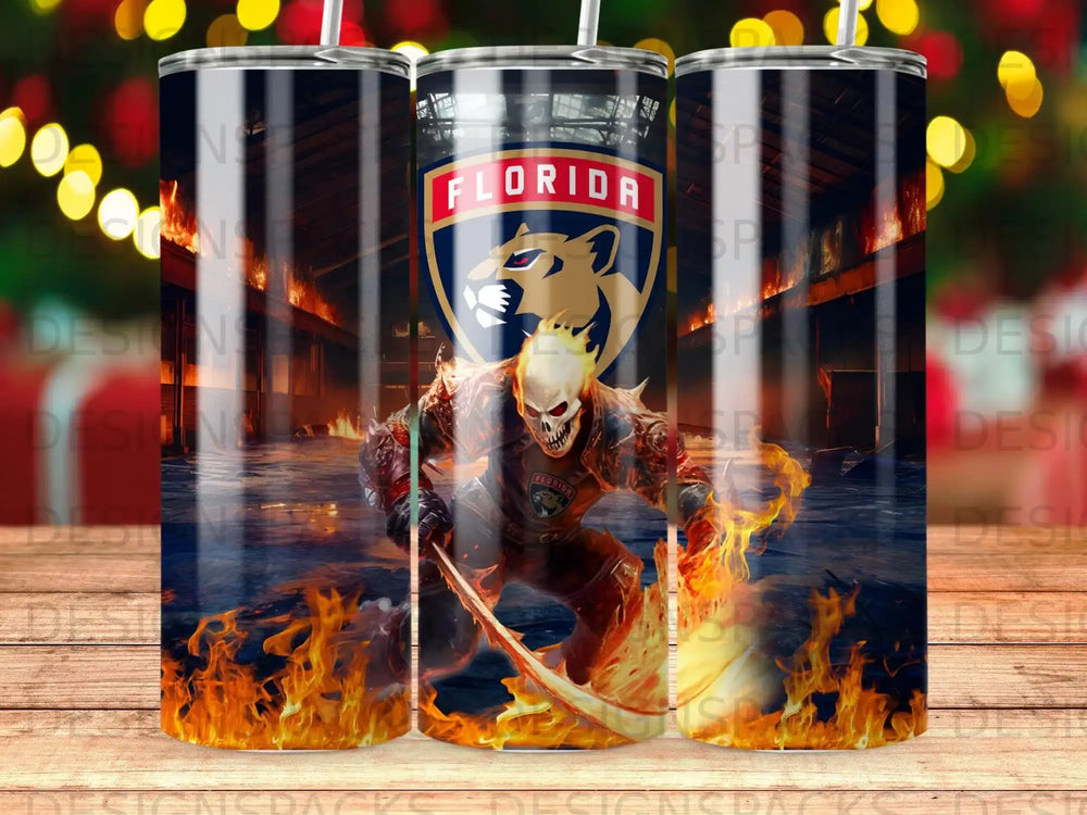 Florida Panthers mascot engulfed in flames, holding a scythe.