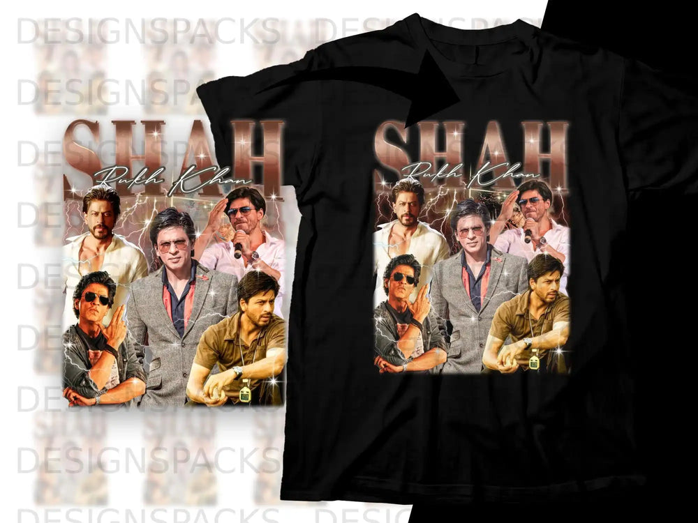 Collage of Shah Rukh Khan in various poses and outfits on a black t-shirt.