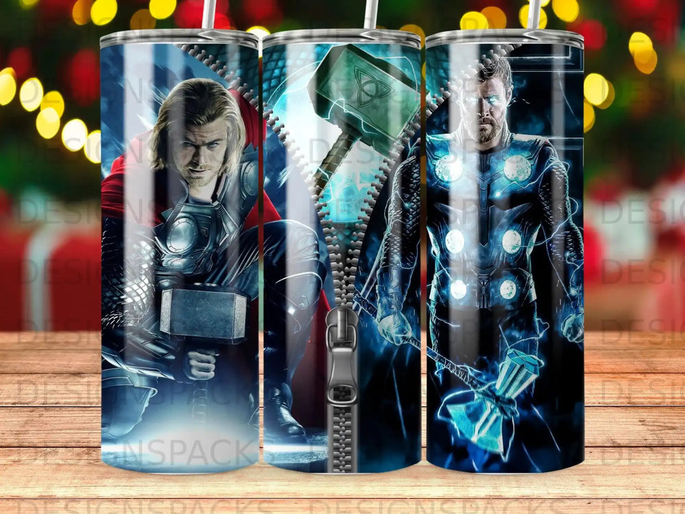 Thor with Mjolnir and Mjolnir lightning on a tumbler wrap.