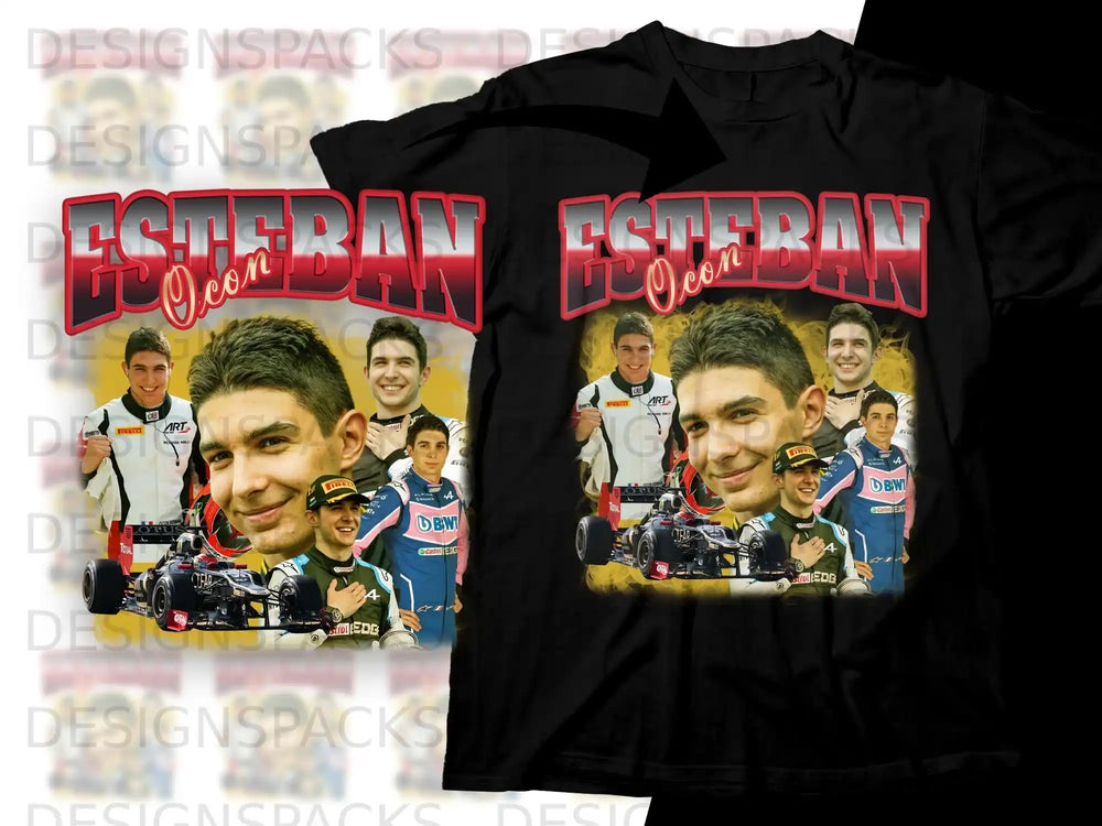 Esteban Ocon with racing car and sponsor logos on a black t-shirt.