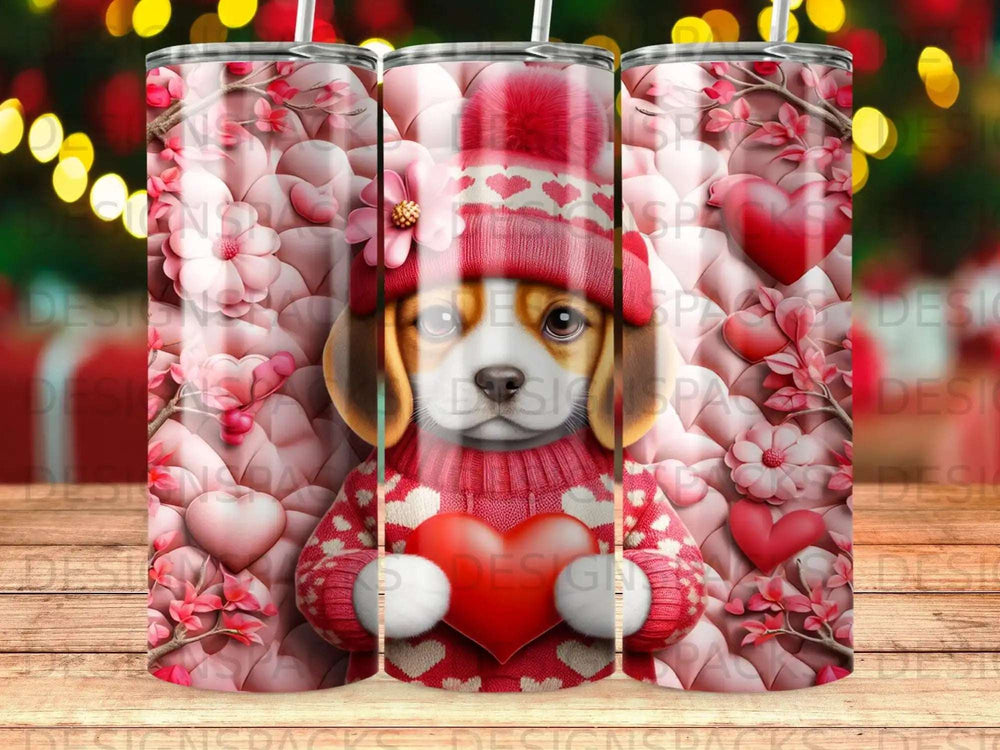 Beagle puppy in a red hat and sweater holding a heart, surrounded by floral patterns.