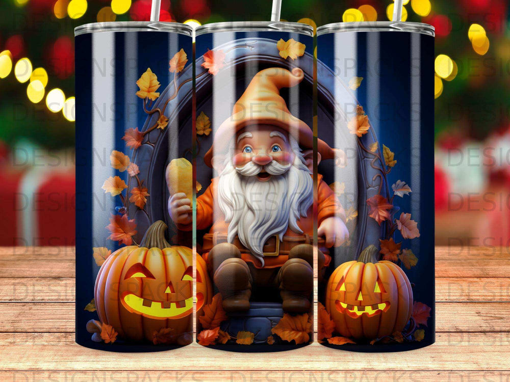 Gnome with pumpkins, holding a treat, framed by autumn leaves and a blue background.