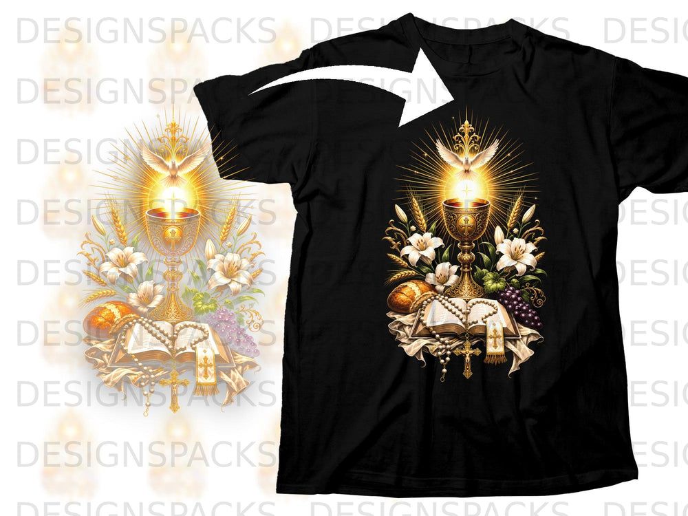First Communion design with chalice, dove, open bible, and rosary beads.