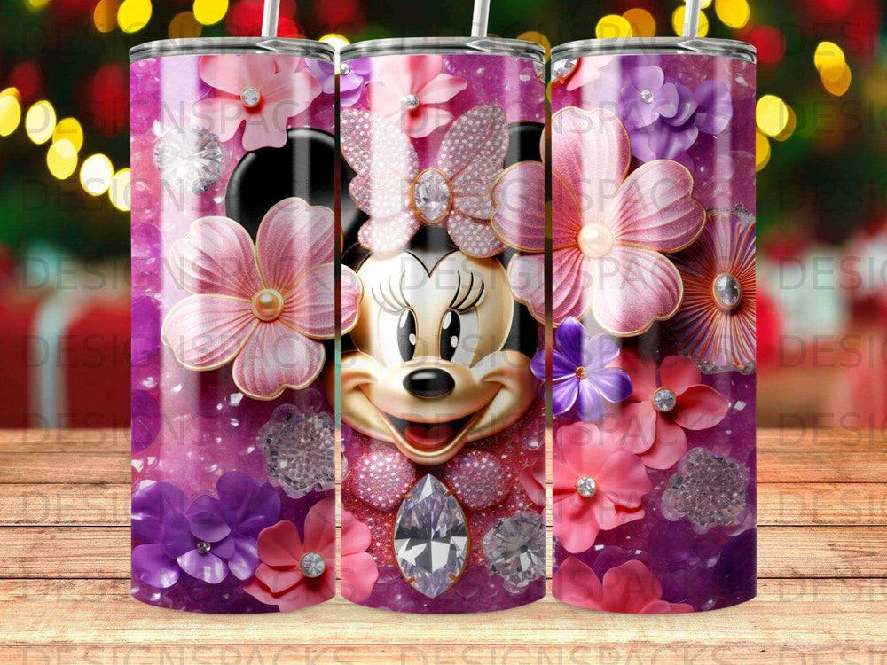 Minnie Mouse with purple and pink flowers and glitter on a tumbler.