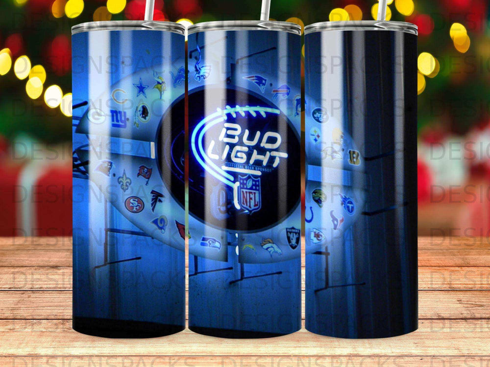 Bud Light NFL logo tumbler with blue neon background and stadium lights.