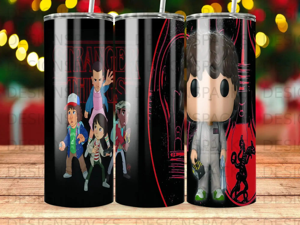 Stranger Things characters Eleven, Mike, Dustin, Lucas, and Will on black background.