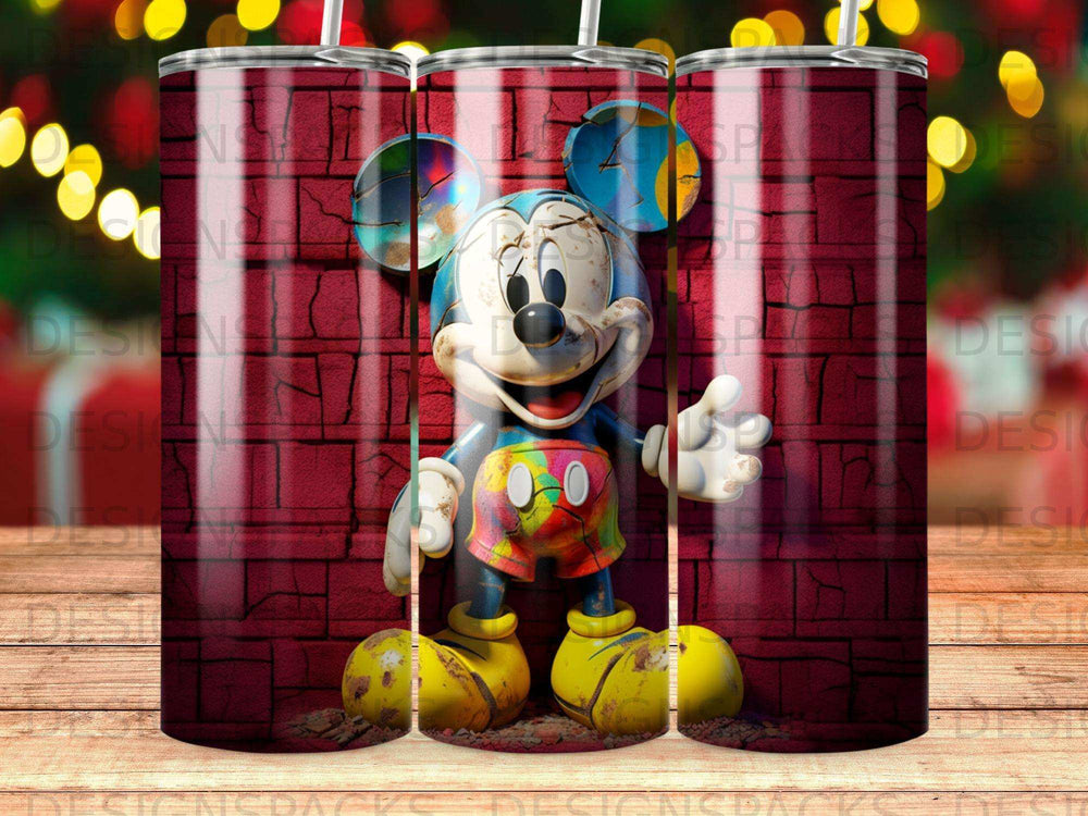 Mickey Mouse character in colorful shorts and large yellow shoes.