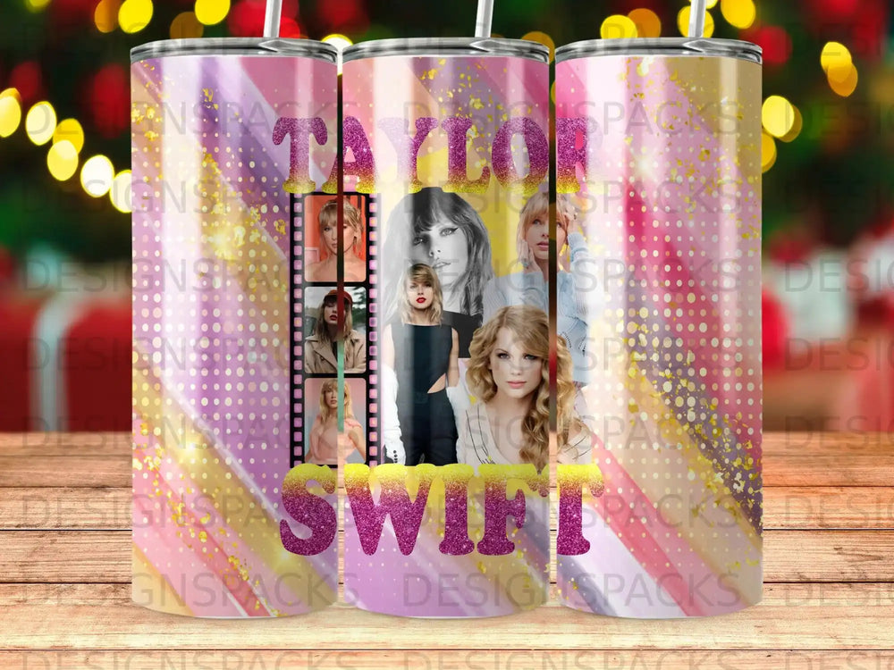 Taylor Swift singing on a stage with glittery background.