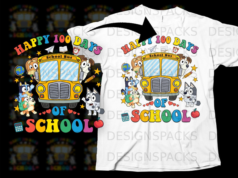 Happy 100 Days of School design with cartoon dogs and a school bus.