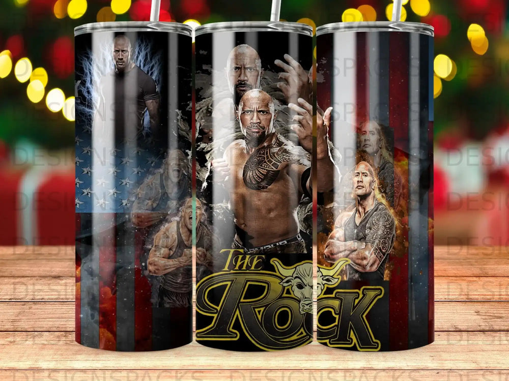 The Rock graphic with American flag design on a tumbler.