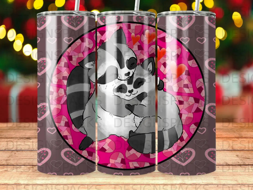 Trio of tumblers featuring two raccoons hugging, surrounded by hearts and a pink geometric pattern.