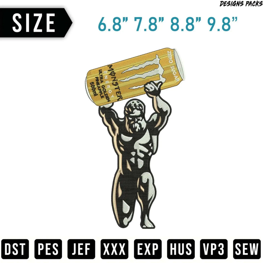 Monster Energy Ultra Golden Pineapple can held by muscular figure, with size and file format labels.