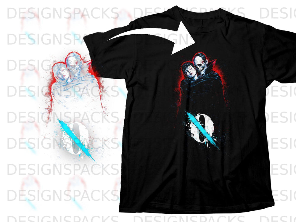 Black t-shirt with a graphic of a skull-faced figure embracing a person, with a blue slash.