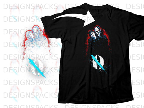 Black t-shirt with a graphic of a skull-faced figure embracing a person, with a blue slash.
