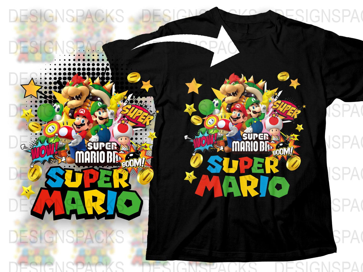 Super Mario Bros Comic Style T-Shirt, Colorful Graphic Tee, Nintendo Game Characters, Kids and Adult Sizes Available