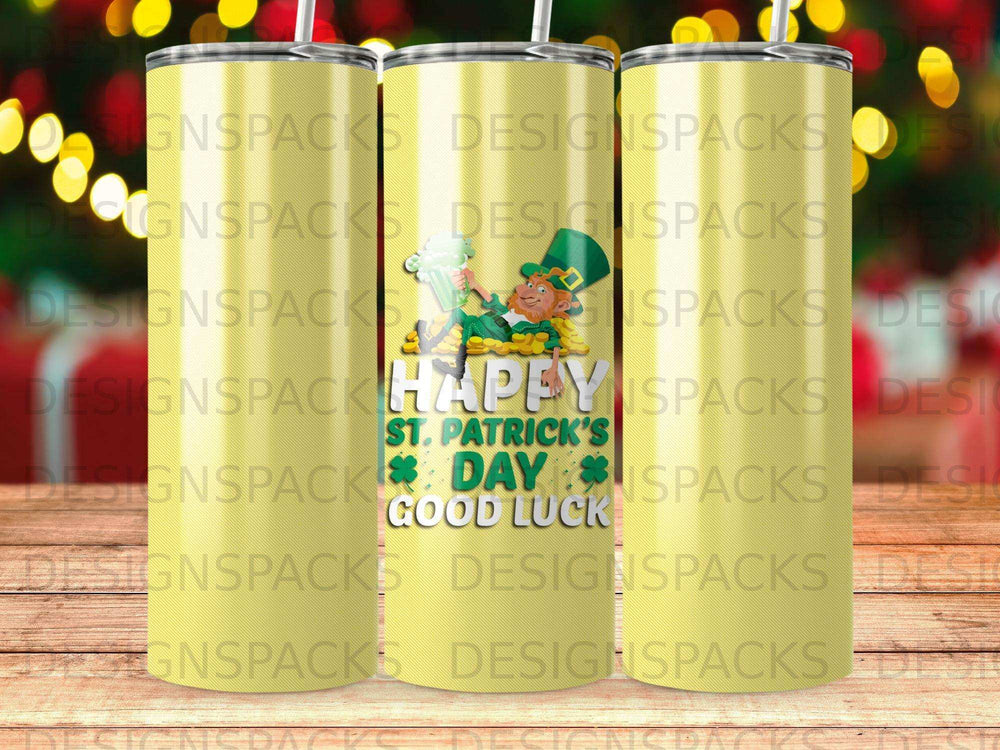 Green tumbler with St. Patrick's Day theme: "Happy St. Patrick's Day Good Luck."