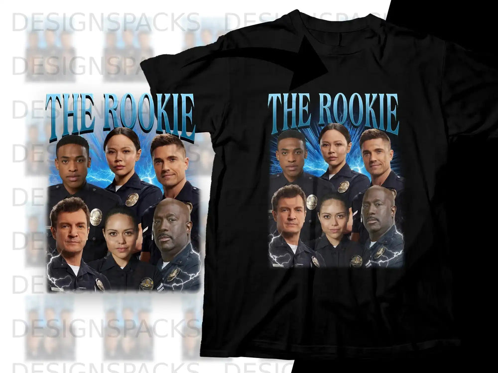 The Rookie TV show cast on a black t-shirt.