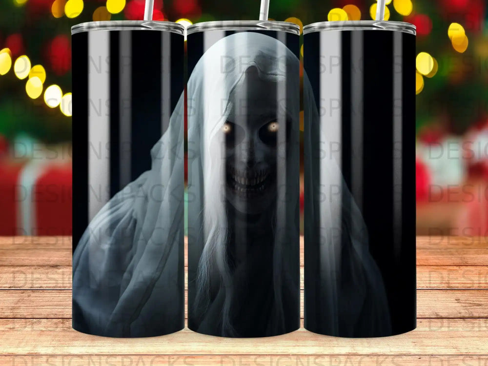 Scary ghost with glowing eyes and white hair on a dark background.